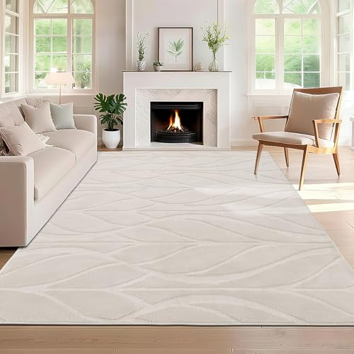 SHACOS Modern fluffig matta med kort lugg, halkfri matta för sovrum, matsal, 120 x 160 cm, beige