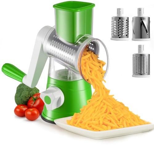 Trintion Rotary Vegetable Shredder 3 in 1 Rotary Cheese Grater Round Vegetable Mandoline Blades Handheld Fruit Vegetable Slicer Shredder for Fruit Nut and Vegetable Grate (Blue)