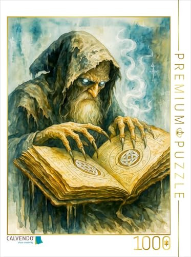 Puzzle · Dunkler keltischer Druide mit Zauberbuch und Symbolen | Druidenmagier mit Klauenhand, Symbolen und Nebelmagie · 1000 Teile · Lege-Größe 64 × 48 cm · CALVENDO Puzzle