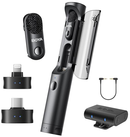 BOYA Magic 4-Fach Transformierbares Mini Mikrofon, Kabelloses Lavalier, Handheld, Desktop & Kamera Mikrofon Handy für Kamera/iPhone/Android, Vlogging, Streaming(2TX+3RX)