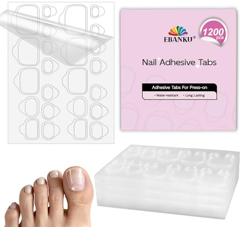 EBANKU 1200PCS ToeNail Sticky Tabs for Press On Nails, Waterproof & Ultra Thin ToeNail Glue Stickers Transparent Nail Adhesive Tabs in 12 Sizes, 50Sheets Double Sided Jelly Nail Stickers