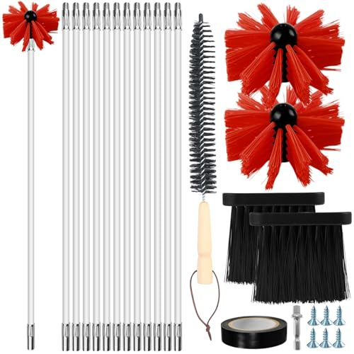 Lvjkes hérisson ramonage,18 pièces de Nettoyage de conduits daération avec 12 tiges 41cm,2 têtes de Brosse 10cm,a Tige hexagonale de 4,5cm,a Brosse à Manche en Bois 38cm,2 balayette cheminée - Rouge