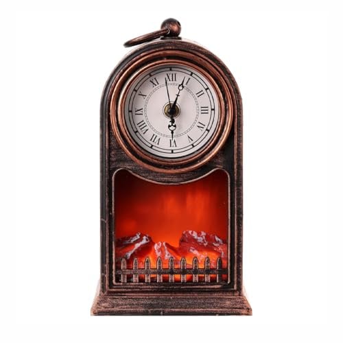 Mediawave Store - Orologio Decorativo da Tavolo Vintage con Effetto Camino e Fiamma LED Luminosa - Orologio a Batteria