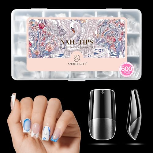 AZUREBEAUTY Short Square Nail Tips, 600Pcs Soft Nail Tips for Gel Extensions Half Matte Full Cover Clear Acrylic Gel Kit False Press on Nails Manicure Salon DIY at Home Nail Art 15 Sizes