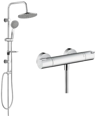 Belvit Hansgrohe Ecostat 1001 CL Thermostat Duschset, Chrom Grau | EcoStop 10 l/min, Regendusche Ø 20 cm, Handbrause 3 Strahlarten, Verbrühschutz 40° C, Duschstange 85 cm, Duschsystem