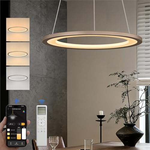 doporro Moderne LED Pendelleuchte – 40cm Dimmbare Esszimmerlampe hängend mit App & Fernbedienung, 3000–6000K, CRI≥95, höhenverstellbar für Esstisch & Wohnraum, Luvina01, Kaffee