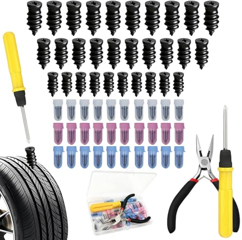 Aihoom 32Pcs Tyre Repair Kit Rubber Nails with Screwdriver, Tyre Puncture Repair Kit with Pliers, Quick Self-Service Tyre Plug Kit, Emergency Tyre Repair Screws for Auto, Motorcycle, Bicycle, Truck