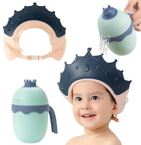 FUNUPUP Gorro De Ducha Para Bebés Y Niños Con Taza De Enjuague, Corona Azul