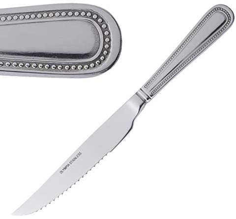Olympia Bead Cutlery Steak Knives Set (Pack of 12), High Polished Stainless Steel, Size: 225(L) mm / 8 7/8 inch, Serrated Blade, Dinner Knives, Dishwasher Safe - Home Kitchen & Restaurant Use, DL102