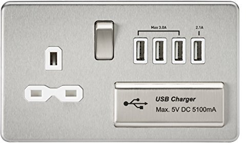 Knightsbridge SFR7USB4BCW Prise sans vis 1G 13A avec chargeur USB Quad 5V DC 5.1A Chrome brossé avec insert blanc, Argent