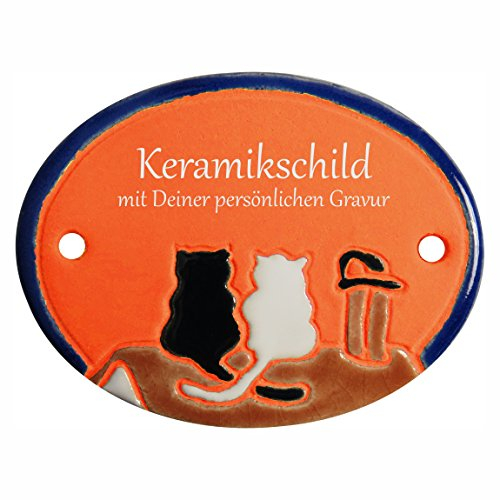 Handarbeit aus Schleswig-Holstein Keramikschild 8,5 x 6,5 cm - Motiv: Zwei Katzen auf dem Dach