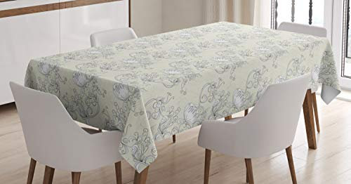 ABAKUHAUS Jugendstil Tischdecke, Romantische Braut AST, Für den Inn und Outdoor Bereich geeignet Waschbar Druck Klar Kein Verblassen, 140 x 240 cm, Elfenbein und Weiß