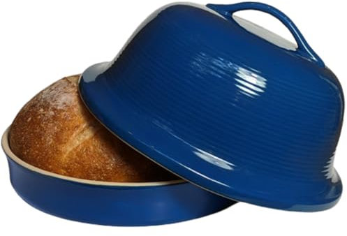 Sassafras Superstone® Stoneware La Cloche® Bread Baker with Blue Glazed Exterior and Unglazed Interior Bakes an Artisan Bread with Crusty Crust and a Light Crumb