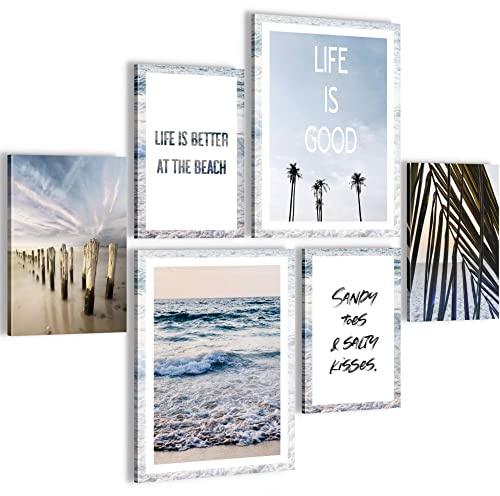 Novart Wandbilder Set Restposten Strand und Meer Zitate - KEIN EXTRA RAHMEN BENÖTIGT - Modern Deko - Wohnzimmer Schlafzimmer N013863a