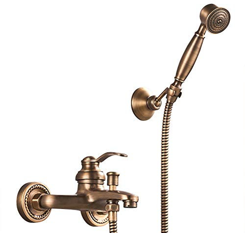 Gx Robinet De Baignoire - Robinet De Douche Avec Douche À Main, Laiton Monocommande Mitigeur De Baignoire Montage Mural Avec Support Et Flexible 1.5M, Pour Salle De Bain, Finition Laiton Antique