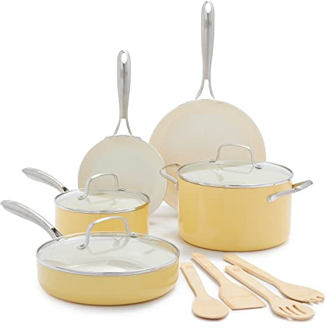 GreenLife Artisan Healthy Ceramic Nonstick, 12 Piece Cookware Pots and Pans Set, Stainless Steel Handle, PFAS-Free, Dishwasher Safe, Oven Safe, Yellow
