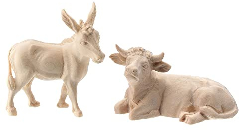 Esel und Ochse aus Holz für 10 cm hohe Raffaello-Krippe, Grödnertal