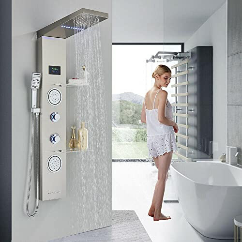 Pannello doccia a LED Sistema a torre Cascata a pioggia Getto idromassaggio Corpo Spryaer Acciaio inossidabile con ripiano