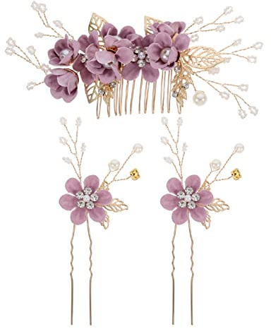 Warmhm Braut Haarschmuck Hochzeit Haarkamm: 3 Stücke Blumen Perle Haarspangen Haarnadeln Kopfschmuck für Frauen Mädchen Brautjungfer Hochzeit Haar Zubehör Lila