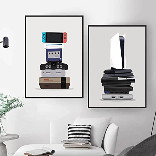 TITINGLUCK Gaming Retro Video Game Canvas Paintings Gamepad Controller Poster Print Wall Art Pictures para niños Kids Room Wall Decor 21x30cm (8x12in) x2 con marco