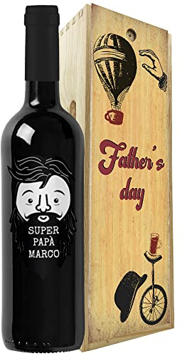 Regalo festa del papà - Bottiglia vino personalizzata e cassa legno - Idea regalo uomo, festa del Nonno, compleanno papà (Vintage, Cartoon Dad)