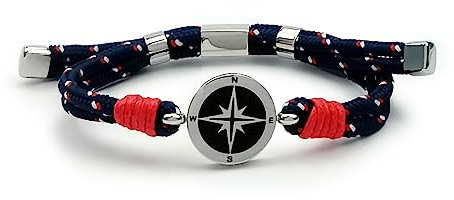Aloha Bracciale Uomo Rosa dei Venti Acciaio Cordino Regoalbile Idea Regalo