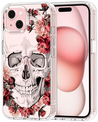 MOSNOVO Case for iPhone 15 Plus / 14 Plus [Buffertech 6.6ft Military-Grade Drop Protection] [Anti Peel Off Tech] Clear TPU Bumper Phone Case Cover Design - Red Flower Skull
