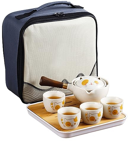 Service à thé de voyage 7Pcs Service à thé chinois Set de thé portable en céramique Mignonne théière magique 360 Rotation Set de thé Gongfu fait à la main Cadeau de Noël pour adultes personnes âgées