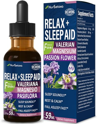 Nurbetoxa Valerian Root Sleep Aid Drops, Gotas de Glicinato y Citrato de Magnesio, Pasiflora y Valeriana para Dormir Profundamente adulto, Magnesium Citrate & Passionflower Extract Liquid Tincture.2oz