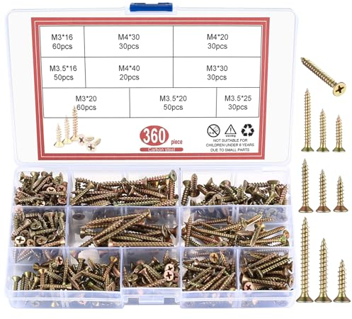 M3 M3,5 M4 Juego de tornillos para madera, 360 unidades, tornillos universales de cabeza avellanada, tornillos autorroscantes, tornillos de cabeza plana para aglomerado, surtido de tornillos Phillips