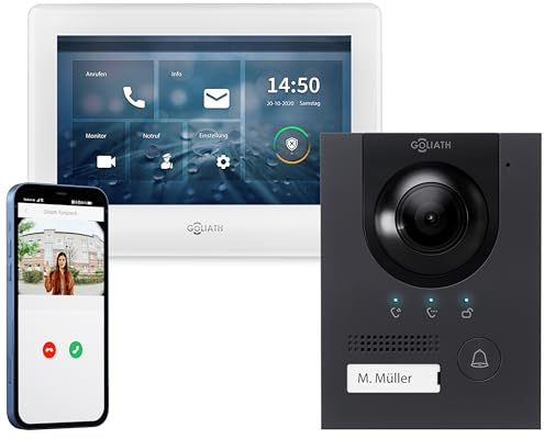GOLIATH Full-HD Video Türsprechanlage, Aufputz Türstation in Anthrazit, 1 Familienhaus Set, Touchscreen Monitor weiß, 2 Draht Bus Gegensprechanlage, 2 Megapixel Kamera, 180° Weitwinkel, AV-BUS-105