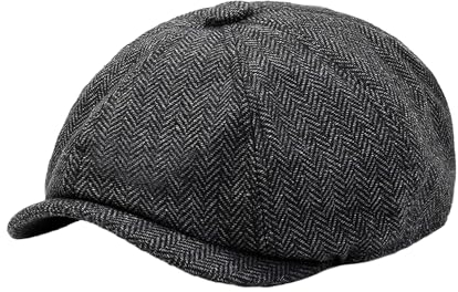 COACOM 1 Schwarze Melonenmütze, Schiebermütze Für Herren, Zeitungsjungenmütze Mit Fischgrätenmuster, Sonnenschutz-Baskenmütze, Retro- Und Vielseitiges Zubehör, Geeignet Für Picknicks Und Angeln