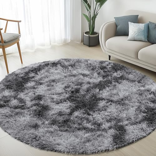 Sour Lemon Wohnzimmerteppiche, 120 x 120 cm, Grauer runder Teppich für Schlafzimmer, waschbarer, Rutschfester, Flauschiger Teppich, zottelige weiche Teppiche, Matte für Kinder, Flur, Wohnzimmer