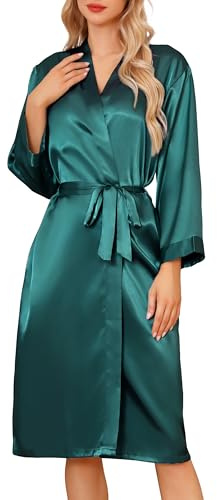 Sopesil Women's Satin Dressing Gowns Long Ladies Silk Kimono Morning Robes Bridal Soft Wedding Party Sleepwear V-Neck,Dark green, XXL