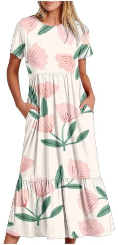 KOG Amazon Essentials Damen Sommerkleider Sommerkleid für Damen Mode Strandkleid Blumenkleid Teenager Basic Sommerkleidung Weiße Kleider Kleid Baumwolle Abendkleid Hochzeit Gutschein Mehrfarbig S