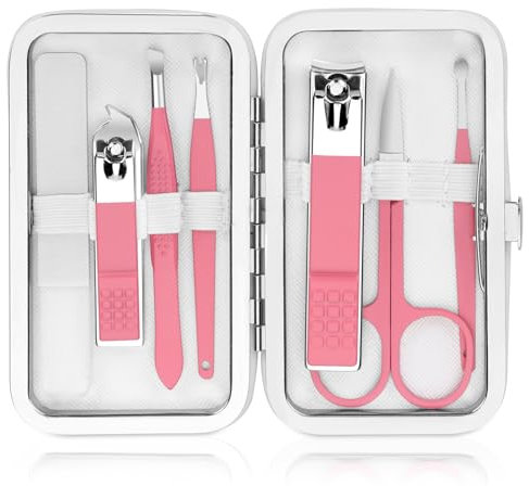 Juego de manicura para mujer, juego de cortaúñas, juego de manicura para mujer, cortaúñas con lima de cristal, 8 unidades, color rosa