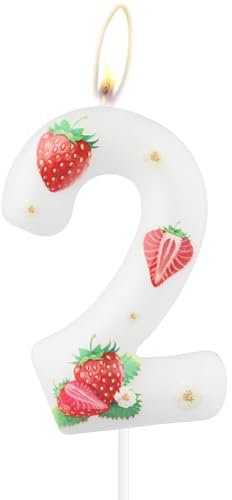Pink Strawberry Candles - Cute Birthday Number 2 Candles for Cake - Red Cake Topper for Baby Girls 2nd Birthday Decorations