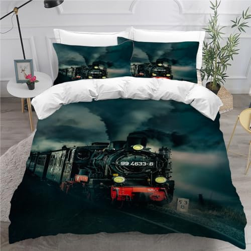 ARiXIaNg Zug Eisenbahn Bettwäsche 135x200 Kinder Jungen Mädchen Retro-Dampfwagen Bettwäsche-Set mit Reißverschluss Weiche Mikrofaser Bettbezug 3D Druck Bettbezüge mit 2 Kissenbezug 80x80