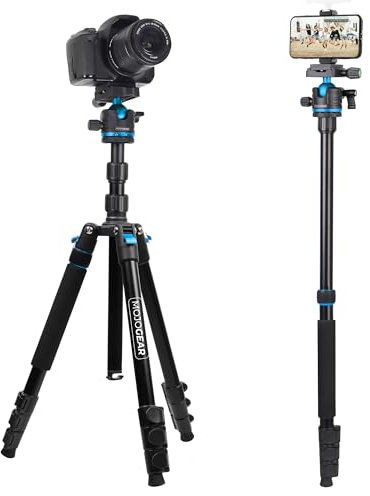 MOJOGEAR Swift Fotostativ 175 cm für Kamera und Smartphone – Arca Swiss – inklusive Handyhalter und monopod – abnehmbare und umkehrbare Mittelsäule – Schwarz/Blau
