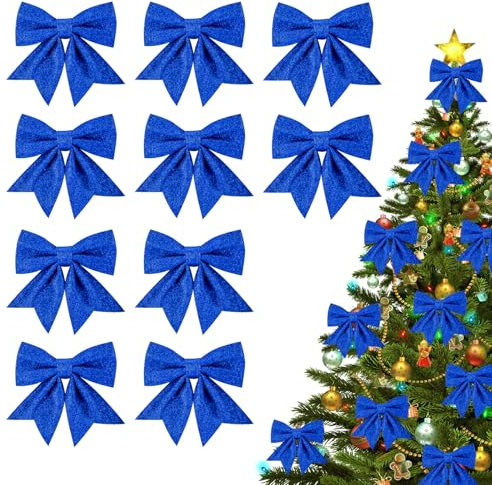10 Pezzi Fiocchi di Natale, 15x14cm Glitterati Fiocchi per Albero di Natale, Fiocchi di Natale per Albero, Fiocchetti Piccoli per Decorazioni, per Albero di Natale Appeso, Decorazione Regalo (Blue)