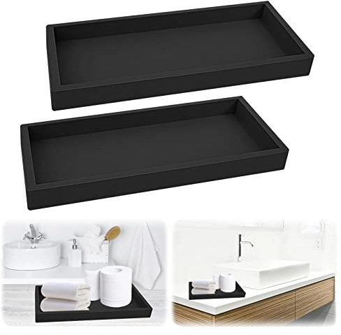 Yallmie 2Pcs Bathroom Tray, Rectangle Tray Bathroom Vanity Tray Silicone Cosmetic Tray, Toilet Tank Storage Tray Shatterproof Bathroom Accessory Trays for Counter Decor Dresser Tops (black-L)