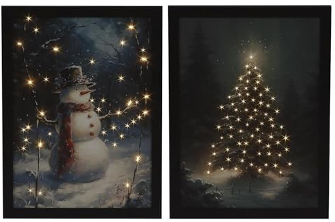 YöL Set of 2 Fibre Optic Canvas Art Snowman Christmas Tree Winter Wonderland Light Up LED