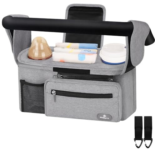 Philorn Kinderwagen Organizer mit Isolierten Getränkehalter/Kaffeehalter, Universal Buggy Kinderwagentasche für Baby Zubehör mit Tasche Schultergurt und Stauraum für Windeln&Handys, Grau