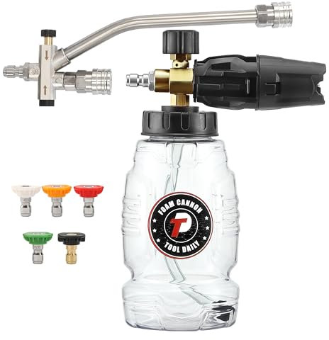 Tool Daily Pressure Washer Foam Cannon with Dual Connector Accessory, Double Tip Attachment For Soap Cannon, 5 Power Washer Nozzle Tips, 1/4” Quick Connect