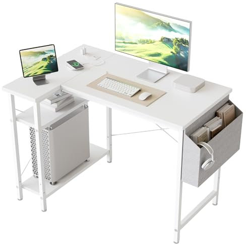 Mericonia Kleiner L-förmiger Schreibtisch mit Steckdosen, 100 cm L Computer-Eckschreibtisch mit umkehrbaren Regalen, Gaming-Schreibtisch, Schreibtisch fürs Homeoffice, weiß
