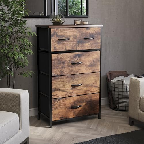 Vida Designs Chorley Kommode mit 5 Schubladen, Stoff-Aufbewahrungseinheit mit Holzplatte, Metallrahmen und Griffen, ideal für Schlafzimmer, Wohnzimmer, Kinderzimmer, rustikales Braun