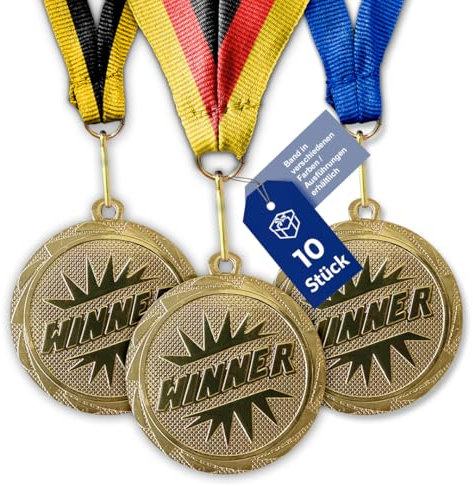 Pokal-Fabrik.de - Winner Medaillen Kinder Set - Bandfarbe & -breite nach Wahl - 10er Set in Gold aus Metall zum Kindergeburtstag - optional mit Wunschtext - für Turniere & Vereine