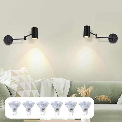 Homefire Wandleuchte Innen Wandlampe Schwarz - 2 Stück Wandbeleuchtung Vintage Wandstrahler Schlafzimmer Wandlicht Schwenkbar Treppenhaus Mit 6 GU10-Leuchtmitteln für Küche Wohnzimmer Flur