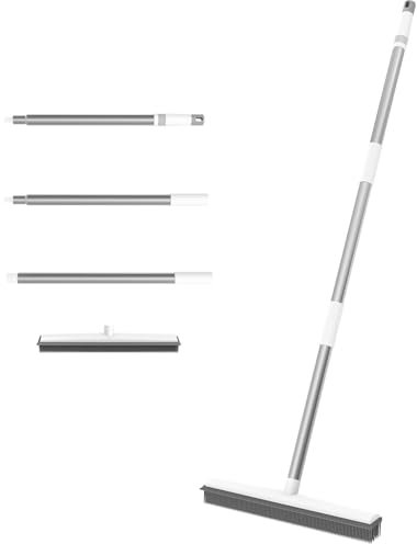 Portable Lightweight Rubber Broom with Squeegee, 120cm Adjustable Metal Handle, Cat Dog Hair Remover Carpet Sweeper Floor Brush, No Scratch Soft Silicone Brush for Indoor and Outdoor Use