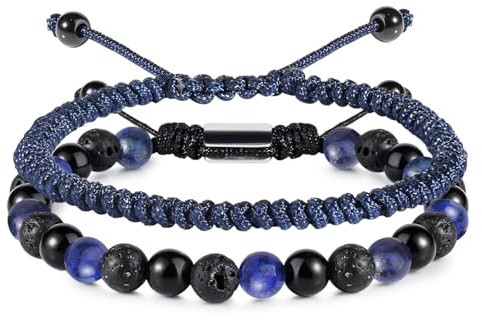 RIXERKOC Pulseras de Cuentas Negras para Hombre 6mm Obsidiana Ojo de Tigre Lava Pulseras Set Ajustable Hecho a Mano Pulsera de Piedra Natural Regalo de Cumpleaños Día del Padre